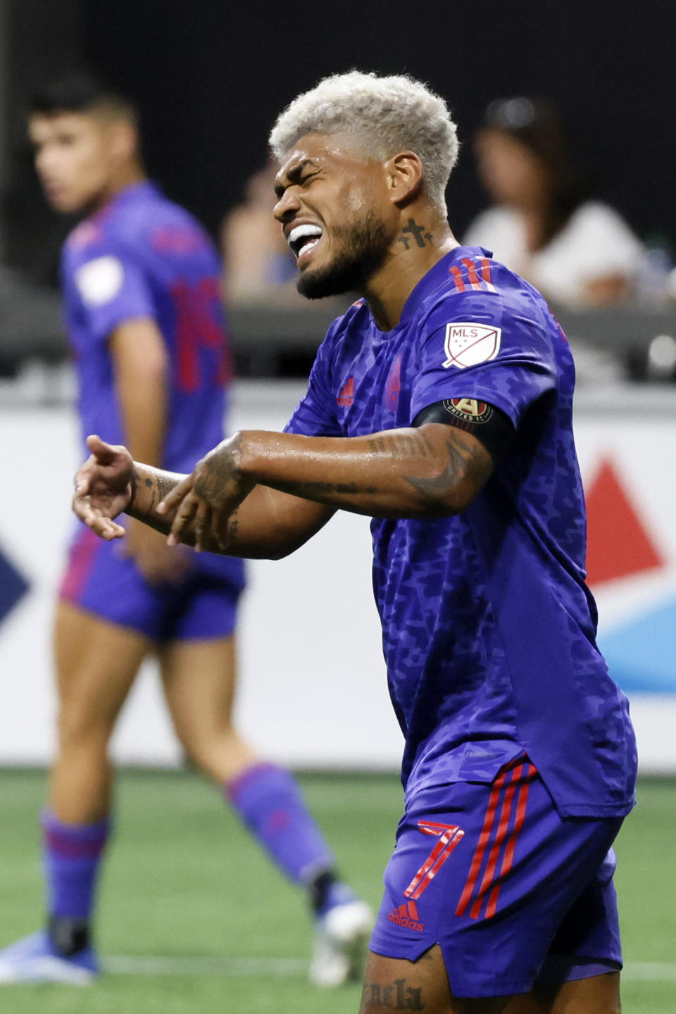 Atlanta United attacker Josef Martinez (7) reacts after a play of an MLS soccer match against the Columbus Crew in Atlanta, Saturday, May 28, 2022. (Miguel Martinez/Atlanta Journal-Constitution via AP)