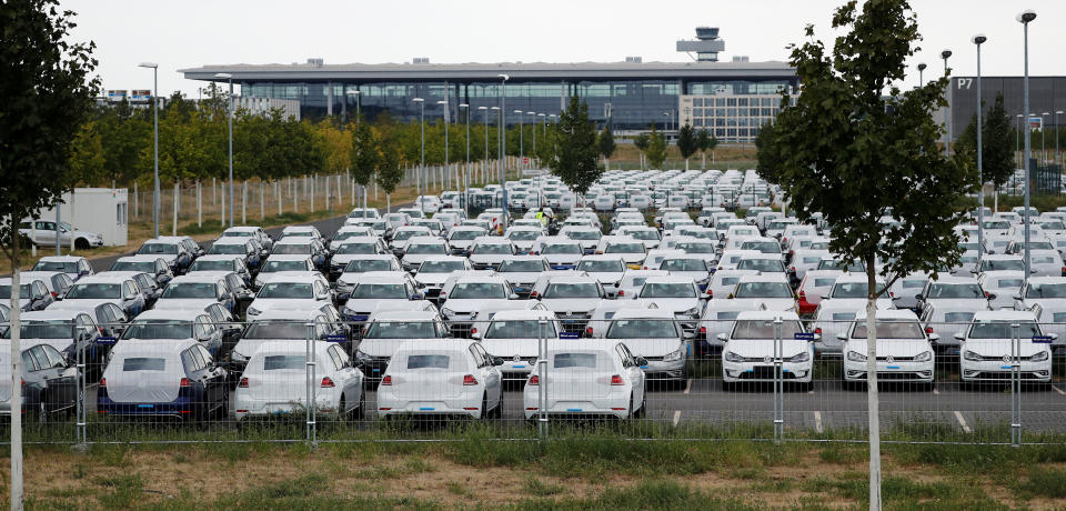 New Volkswagen cars are seen at the Berlin Brandenburg international airport Willy Brandt (BER) in Schoenefeld, Germany, August 14, 2018. REUTERS/Hannibal Hanschke?