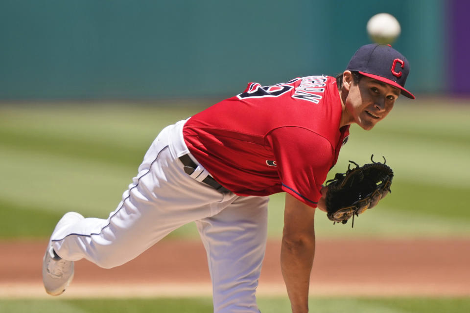 Cleveland Indians starting pitcher Eli Morgan delivers in the first inning of a baseball game against the Baltimore Orioles, Thursday, June 17, 2021, in Cleveland. (AP Photo/Tony Dejak)