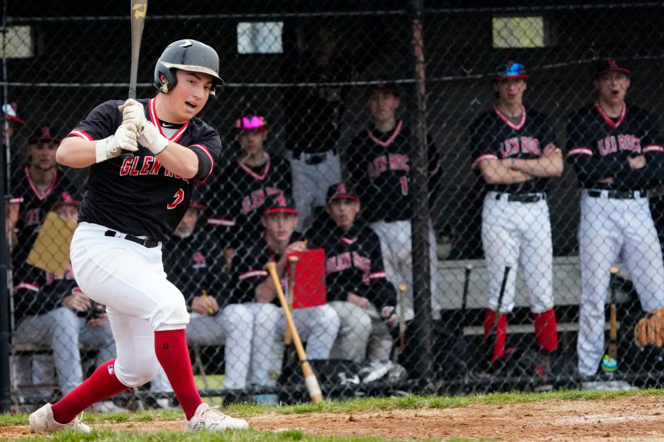 Matthew Destaso of Glen Rock, swings and misses, Monday, April 1, 2024, against Dwight-Englewood, in Ridgefield Park.