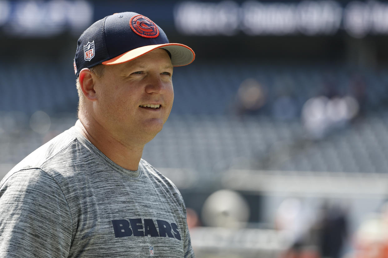 Chicago Bears offensive coordinator Luke Getsy walks on the field prior to an NFL football game between the Chicago Bears and Green Bay Packers, Sunday, Sept. 10, 2023, in Chicago. (AP Photo/Kamil Krzaczynski)