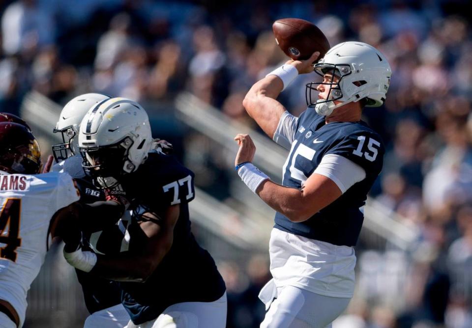 Penn State quarterback Drew Allar makes a pass during the game against Central Michigan on Saturday, Sept. 24, 2022.