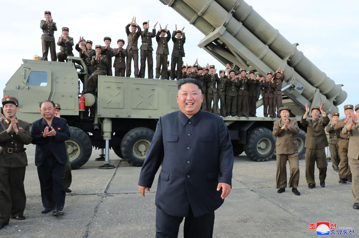 North Korean leader Kim Jong-un oversaw the testing of a rocket launcher on Saturday (Picture: AP)