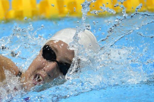 La nadadora Mireia Belmonte compite en su serie de los 800 metros libres el jueves 2 de agosto en los Juegos Olímpicos de Londres-2012. La subcampeona de 200 metros mariposa se clasificó para la final. (AFP | Leon Neal)