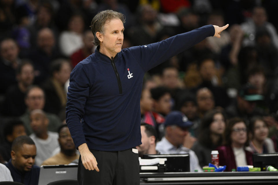 Washington Wizards interim head coach Brian Keefe gestures during the first half of an NBA basketball game against the Los Angeles Clippers, Wednesday, Jan. 31, 2024, in Washington. (AP Photo/Nick Wass)