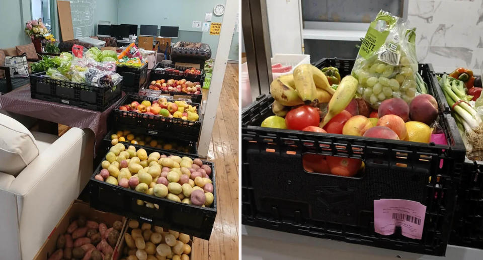 Various black crates filled with array of fresh fruit and vegetables. 