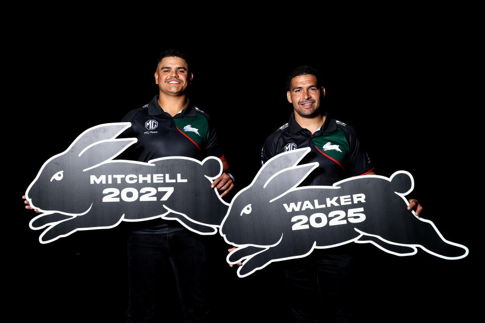 Latrell Mitchell and Cody Walker, pictured here after re-signed with the South Sydney Rabbitohs.