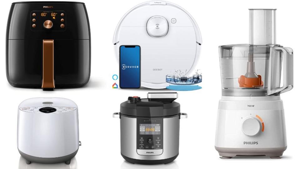 A montage of kitchen appliances including a black air fryer, a round robot vacuum with mobile phone control; a white multi cooker, a black and silver multi cooker, a Phillips food processor.