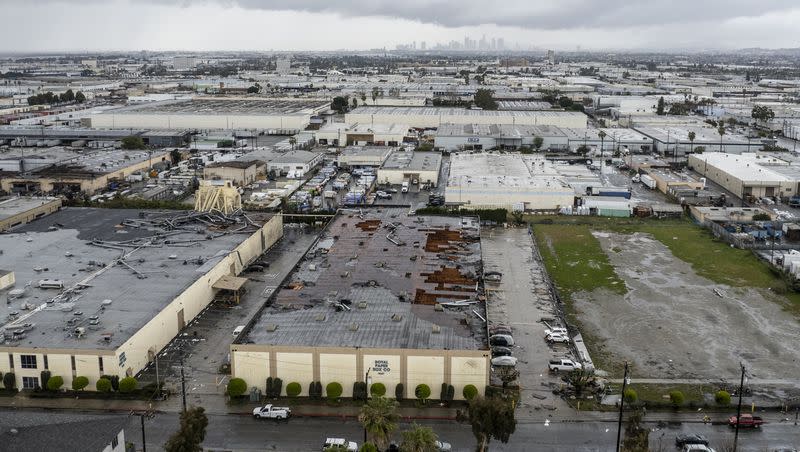 Damage to a building is seen on Wednesday, March 22, 2023, in Montebello, Calif., after a confirmed tornado.