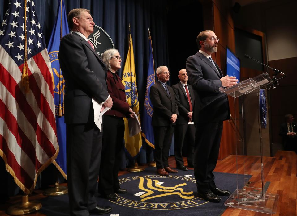 HHS Secretary Alex Azar speaks about the coronavirus, flanked by, from left, Assistant Secretary for Preparedness and Response Robert Kadlec, Centers for Disease Control and Prevention Principal Deputy Director Anne Schuchat, National Institute of Allergy and Infectious Diseases Director Anthony Fauci and Commissioner of Food and Drugs Stephen Hahn on Feb. 25.