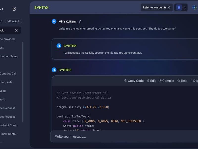 Syntax generates Solidity code for a tic-tac-toe game. (Spectral Labs)