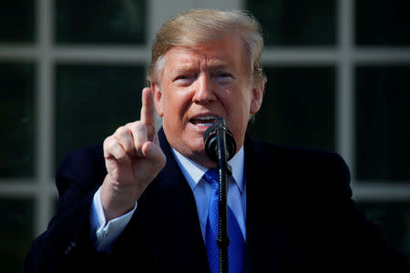 FILE PHOTO: U.S. President Donald Trump declares a national emergency at the U.S.-Mexico border during remarks about border security in the Rose Garden of the White House in Washington, U.S., February 15, 2019. REUTERS/Carlos Barria/File Photo