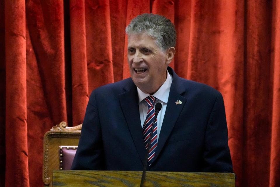 Rhode Island Gov. Dan McKee delivers his State of the State address in the House chamber Tuesday evening.