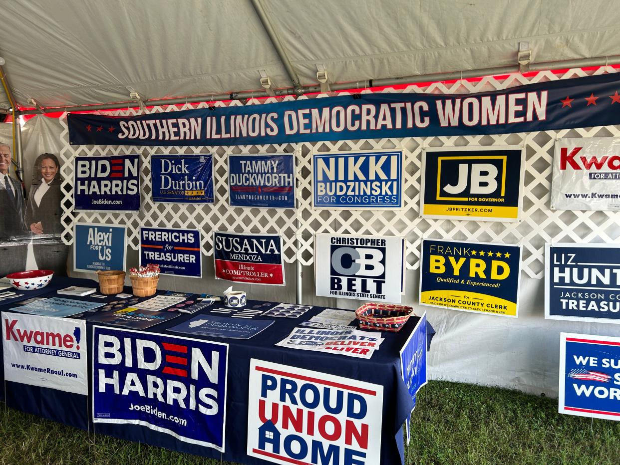 Illinois Democrats promoted their candidates at a tent for DuQuoin State Fair on Sunday, Aug. 27, 2023.