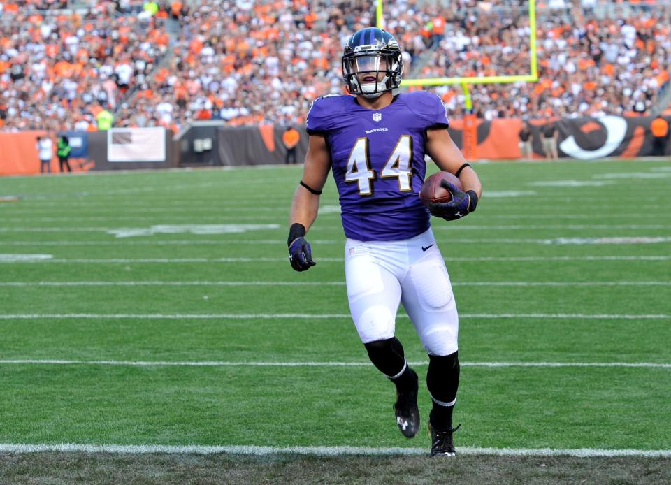 Baltimore Ravens fullback Kyle Juszczyk jogs into the end zone after a second-quarter touchdown catch against the Browns on Sept. 21, 2014, in Cleveland. It was the Medina native's first NFL touchdown.