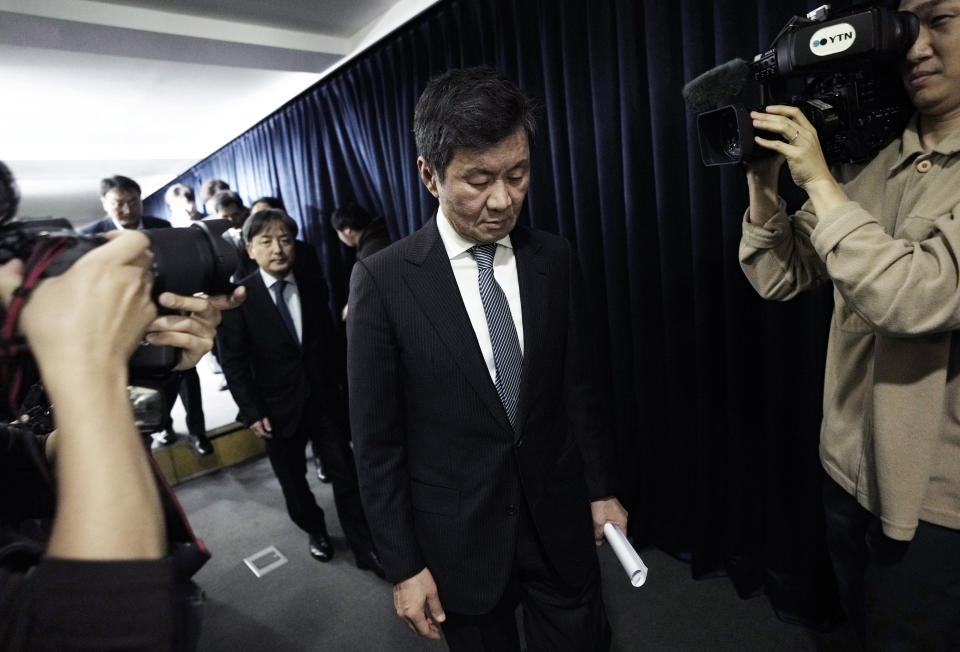 Chung Mong-gyu, president of the Korea Football Association (KFA), leaves after a press conference at the KFA headquarters in Seoul, South Korea, Friday, Feb. 16, 2024. Jurgen Klinsmann has been fired as head coach of the South Korean national team after an Asian Cup semifinal exit and reports of infighting among star players.(AP Photo/Ahn Young-joon)