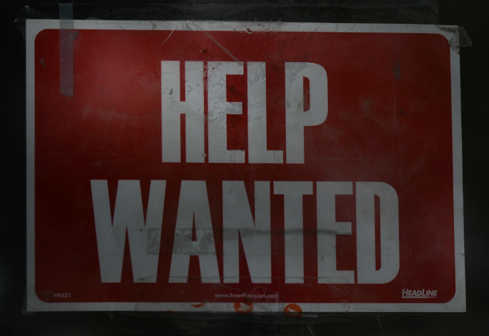 Help Wanted sign.
On Monday, 30 August 2021, in Edmonton, Alberta, Canada. (Photo by Artur Widak/NurPhoto via Getty Images)