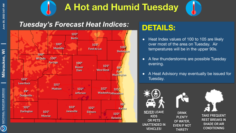 Heat indices will likely exceed 100 degrees on Tuesday in southeast Wisconsin. The heat index combines temperature and humidity.