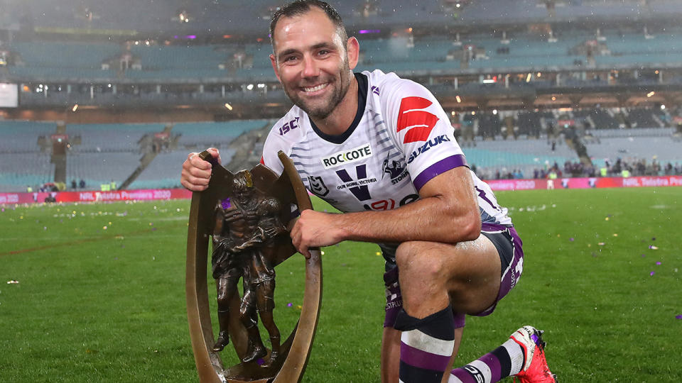 Cameron Smith, pictured here with the Premiership trophy after winning the 2020 NRL Grand Final.