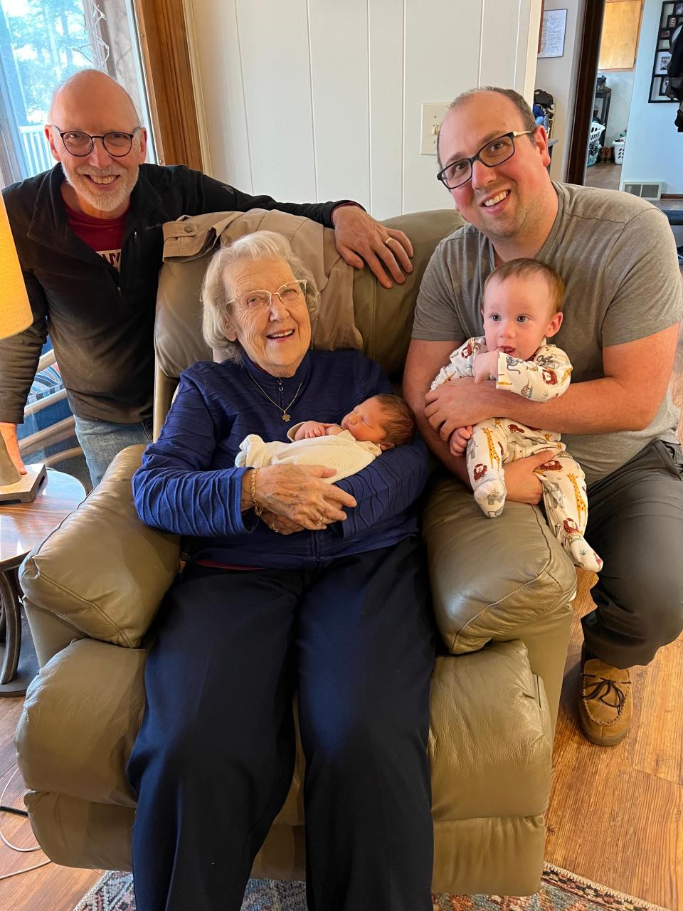 Jeannine McKee with son Steve, grandson Cory, and great-grandsons Nolan and Nicholas.