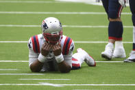 New England Patriots quarterback Cam Newton (1) reacts after failing to complete a pass on fourth down during the second half of an NFL football game against the Houston Texans, Sunday, Nov. 22, 2020, in Houston. (AP Photo/Eric Christian Smith)