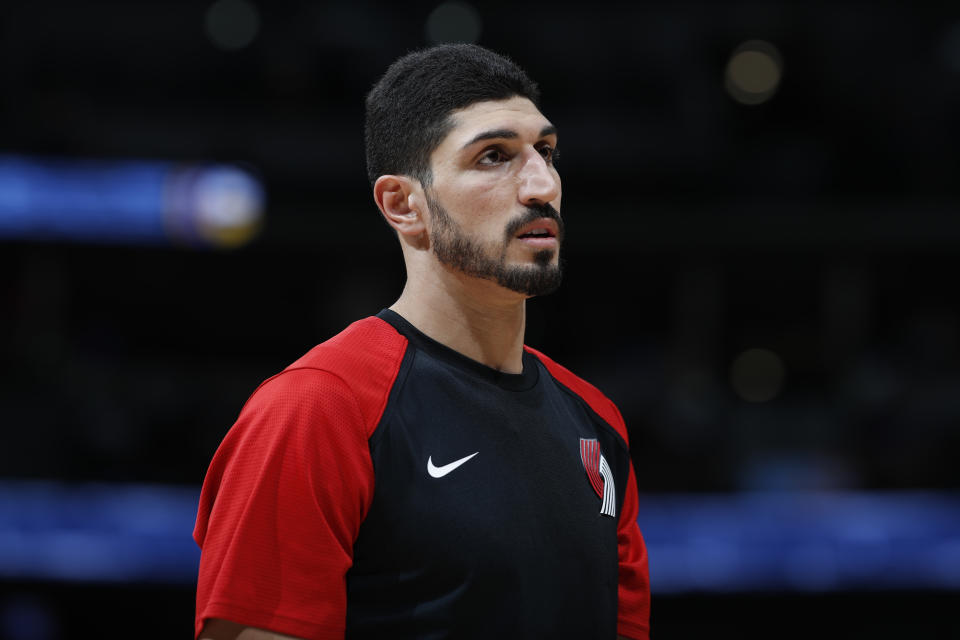 Portland Trail Blazers center Enes Kanter (00) in the second half of an NBA basketball game Friday, April 5, 2019, in Denver. The Nuggets won 119-110. (AP Photo/David Zalubowski)