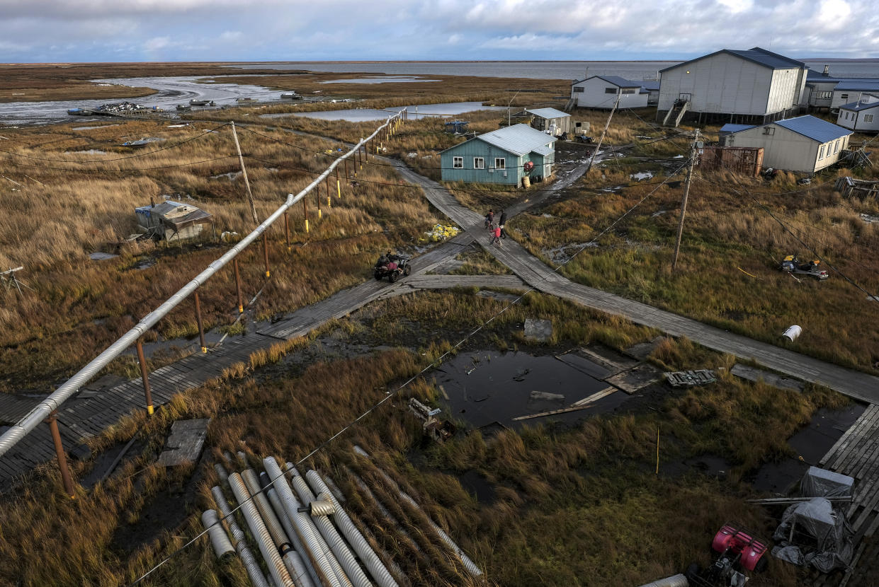 Boardwalks extend across the Yupik village of Newtok, Alaska.