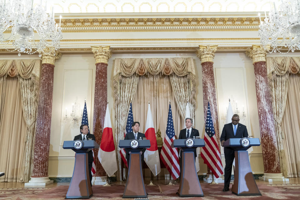 Japanese Defense Minister Yasukazu Hamada, Japanese Foreign Minister Hayashi Yoshimasa, Secretary of State Antony Blinken, and Secretary of Defense Lloyd Austin, speak during a news conference at the State Department, Wednesday, Jan. 11, 2023, in Washington. (AP Photo/Alex Brandon)