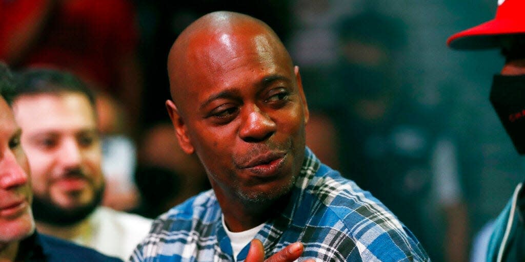 Comedian Dave Chappelle attends a super middleweight title unification fight between Canelo Alvarez, of Mexico, and Caleb Plant, Saturday, Nov. 6, 2021, in Las Vegas.