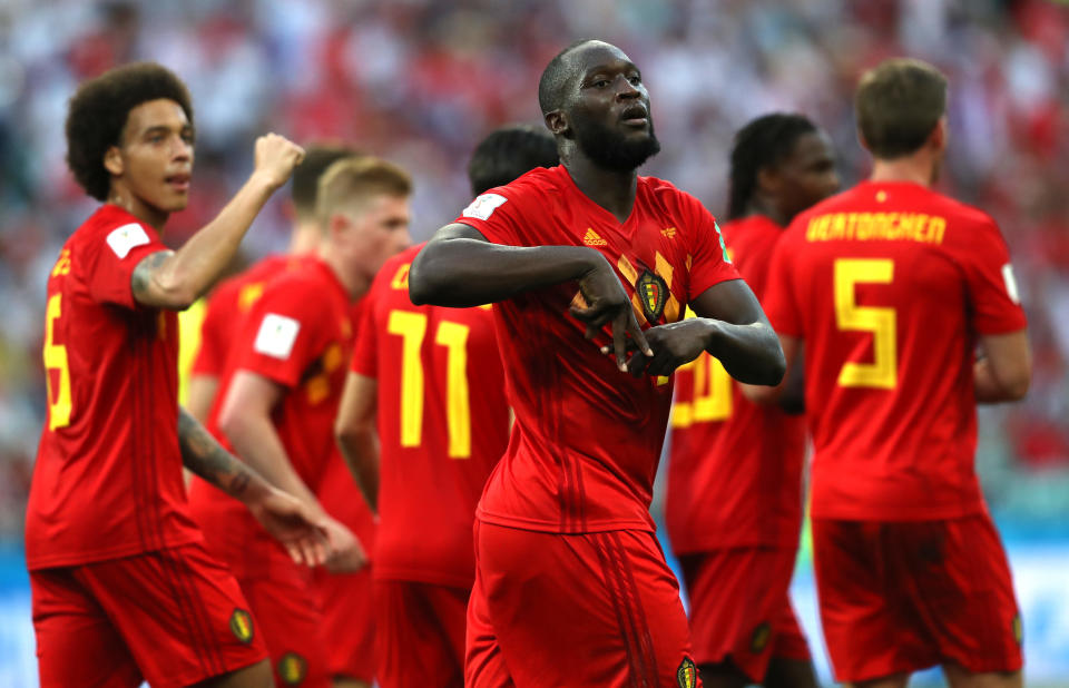 Romelu Lukaku and others during the 2018 FIFA World Cup Russia group G match between Belgium and Panama at Fisht Stadium on June 18, 2018 in Sochi, Russia.