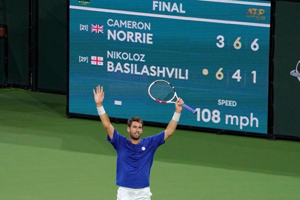 Cameron Norrie reacts after defeating Nikoloz Basilashvili (Mark J Terrill/AP) (AP)