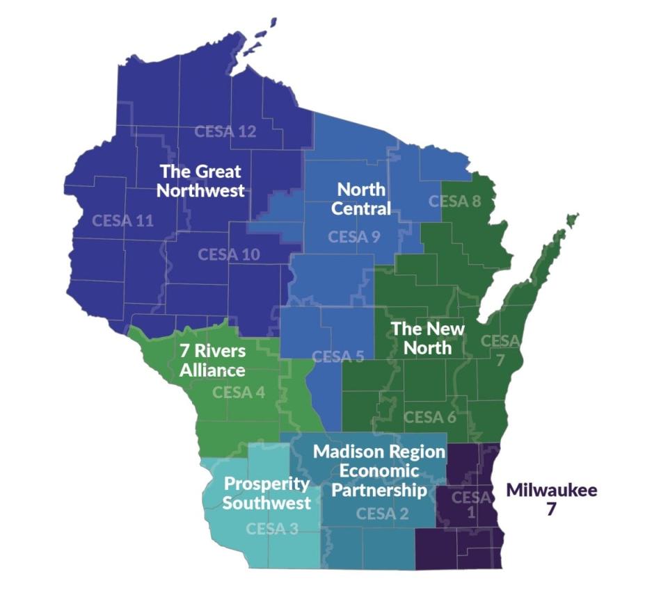Wisconsin K-12 districts are encouraged to implement "regional career pathways," or programs leading students to local high-demand jobs. The Department of Public Instruction categorizes Wisconsin into seven broad regions, each with their own in-demand careers.
(Credit: Wisconsin Department of Public Instruction)