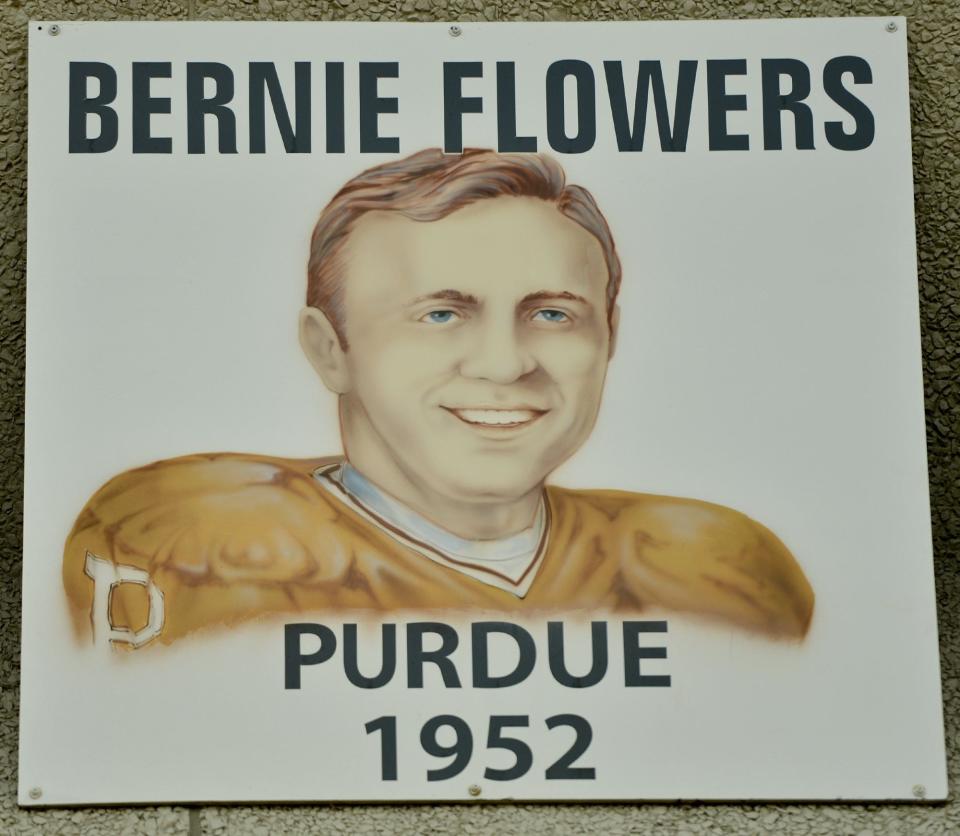 A likeness of Bernie Flowers is shown in 2015 as part of a larger mural at Veterans Stadium in Erie. Flowers attended high school at Tech Memorial High School before attending Purdue and then playing professionally for the Ottawa Rough Riders and Baltimore Colts.
