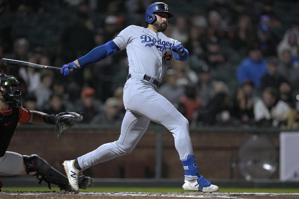 Los Angeles Dodgers' Joey Gallo watches his RBI single against the San Francisco Giants during the second inning of a baseball game Friday, Sept. 16, 2022, in San Francisco. (AP Photo/Tony Avelar)