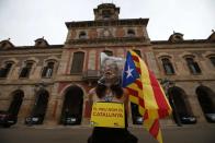 A pro-independence protester sits in front of Catalonia's regional parliament as lawmakers voted inside, in Barcelona, January 16, 2014. Local lawmakers in the northeastern Spanish region of Catalonia voted to seek a referendum on breaking away from Spain on Thursday, setting themselves up for a battle with an implacably opposed central government in Madrid. The Catalan Parliament in Barcelona voted 87 to 43, with 3 abstentions, to send a petition to the national parliament seeking the power to call a popular vote on the region's future. The independence movement in Catalonia, which has its own language and represents a fifth of Spain's national economy, is a direct challenge to Prime Minister Mariano Rajoy, who has pledged to block a referendum on constitutional grounds. The placard reads, "My name is Catalonia". REUTERS/Albert Gea (SPAIN - Tags: POLITICS CIVIL UNREST)