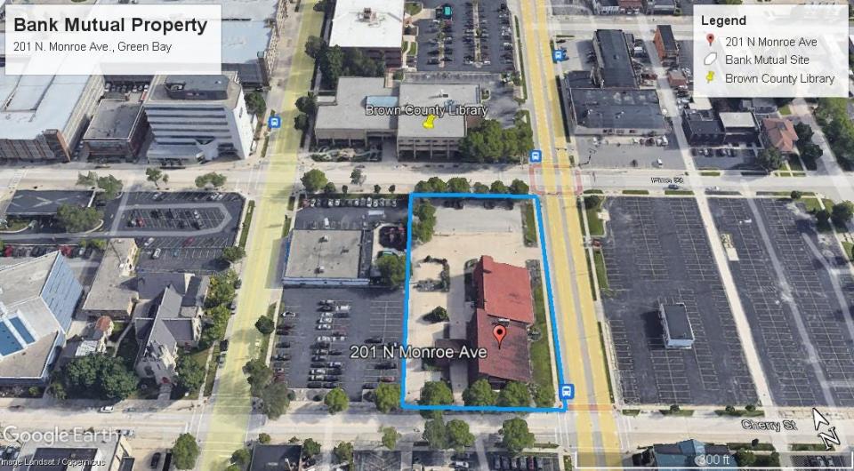 Brown County agreed to purchase the former Bank Mutual branch at 201 N. Monroe Ave., outlined in blue, for $1.1 million. The property has been vacant since 2018.