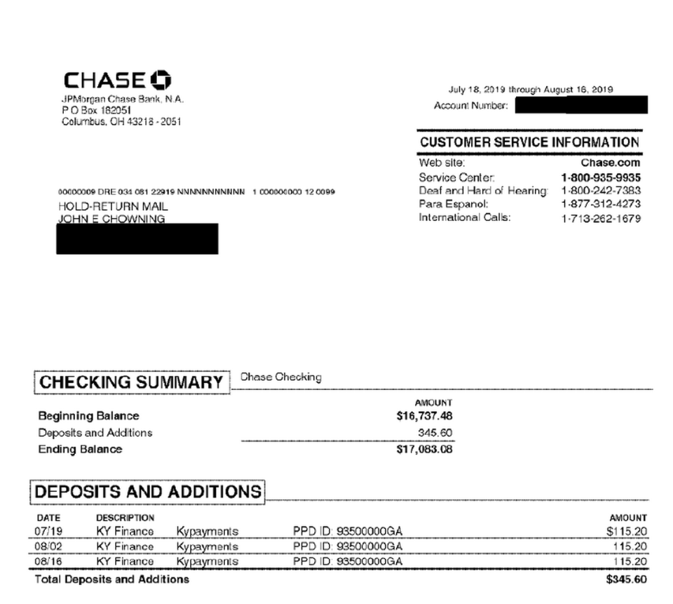 Special Fund workers’ compensation benefits, identified only as “KY Finance,” accumulated in John E. Chowning’s bank account for seven years after he died in Lexington in 2013.