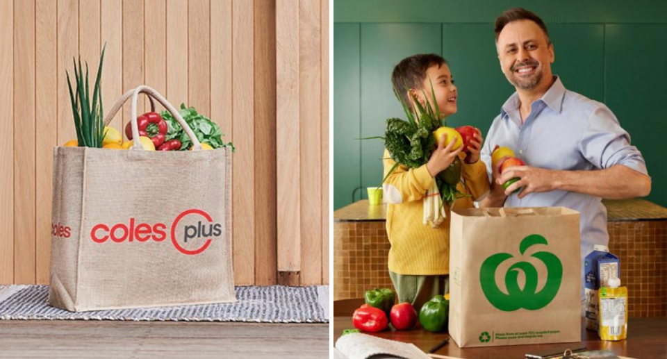 Composite image of a Coles Plus shopping bag, and a father and some taking groceries from a Woolworths bag.