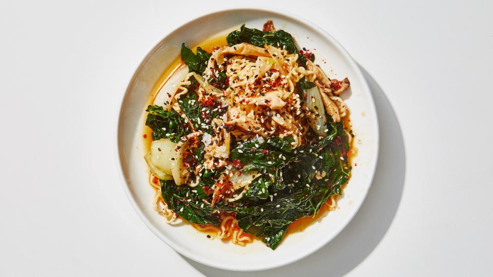 Kale, mushrooms, onions, and a beautifully bold sauce make instant ramen noodles something to be excited about.