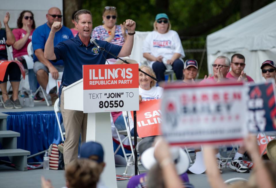 U.S. Rep. Rodney Davis, R-Ill., delivers his remarks during Republican Day at the Illinois State Fair on the Director's Lawn at the Illinois State Fairgrounds in Springfield, Ill., Thursday, August 19, 2021. [Justin L. Fowler/The State Journal-Register]