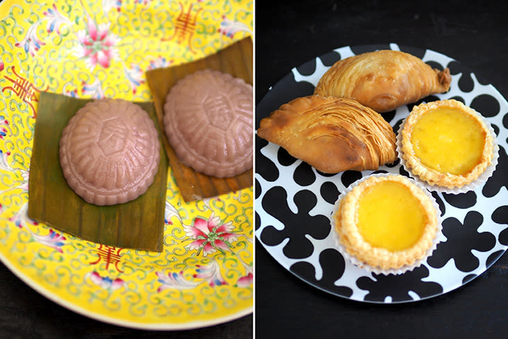 Enjoy homemade 'kuih angku' filled with mung bean paste (left). Their spiral curry puff delivers flaky happiness in every bite while their egg tart is delicious with buttery pastry layers (right)