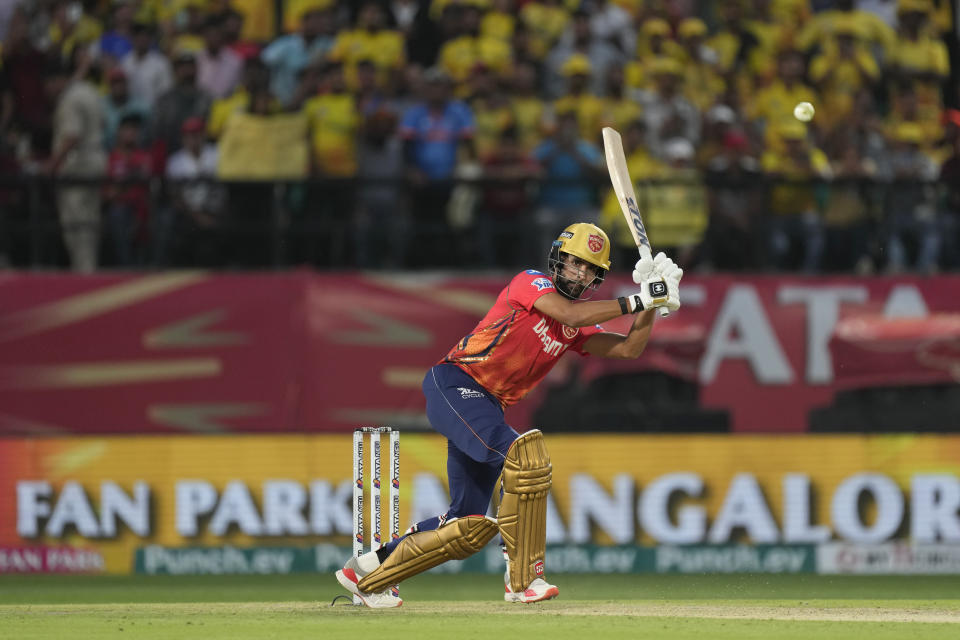 Punjab Kings' Harpreet Brar plays a shot during the Indian Premier League cricket match between Chennai Super Kings and Punjab Kings in Dharamshala, India, Sunday, May 5, 2024. (AP Photo /Ashwini Bhatia)