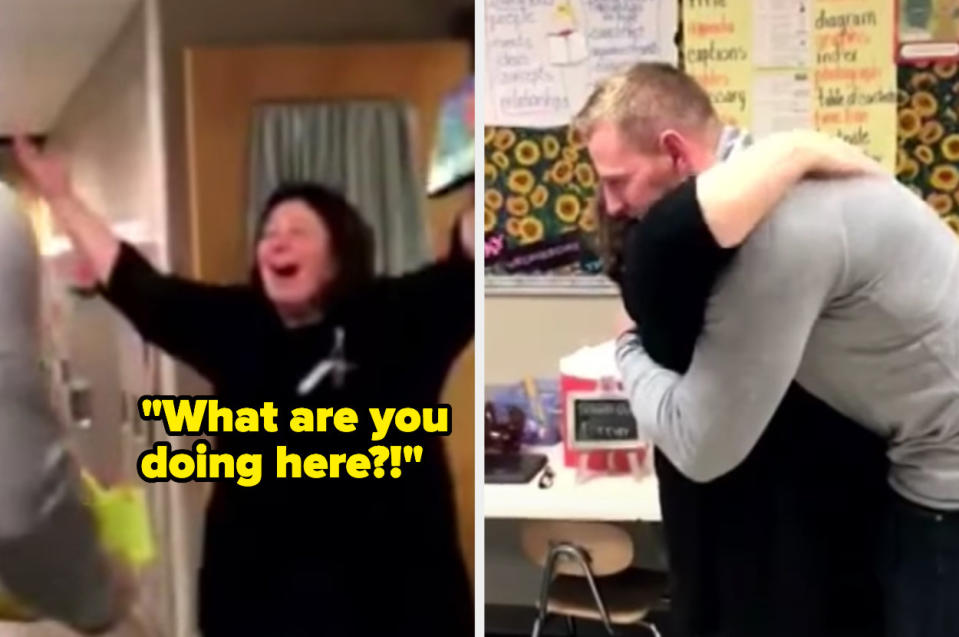 Mrs. Keefe gives J.J. Watt a big hug as he surprises her with gifts and a visit