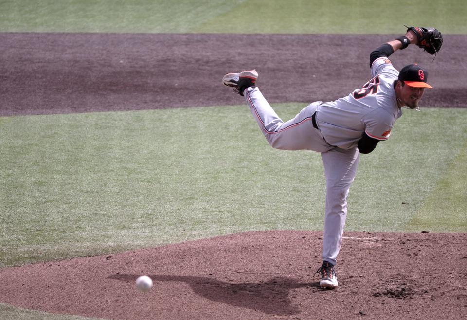 Oklahoma State's Ben Abram (55) pitches against Texas Tech in game two of the Big 12 home opener, Saturday, March 18, 2023, at Rip Griffin Park. 