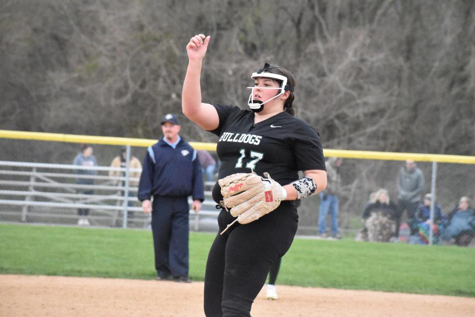 Monrovia's Athena McGinness releases a pitch during the Bulldogs' game with Mooresville on April 15, 2022.