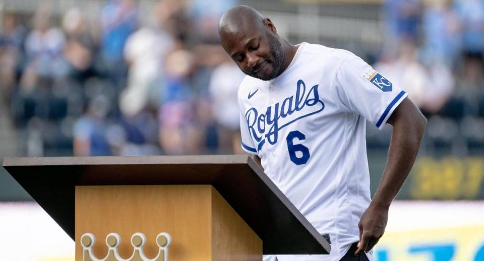 Former Kansas City Royals center fielder Lorenzo Cain cries as he speaks during a retirement ceremony at Kauffman Stadium on Saturday, May 6, 2023, in Kansas City. Cain signed a ceremonial one-day contract to retire as a Royal.