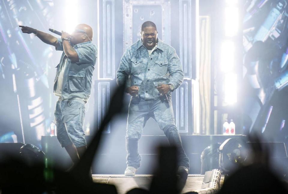 Busta Rhymes, right, accompanied by Spliff Star, performs “Ante Up” before headliner Curtis “50 Cent” Jackson on The Final Lap Tour, also featuring Jeremih, at Golden 1 Center on Monday, Sept. 4, 2023, in Sacramento. Hype man Spliff Star Xavier Mascareñas/xmascarenas@sacbee.com