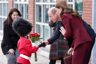 <p>While at Greentown Labs, the royal couple <a href="https://people.com/royals/kate-middleton-prince-william-meet-mini-queens-guard-boston/" rel="nofollow noopener" target="_blank" data-ylk="slk:met a mini "Queen's guard,";elm:context_link;itc:0;sec:content-canvas" class="link ">met a mini "Queen's guard,"</a> an 8-year-old named Henry, who gifted the Prince and Princess of Wales with a bouquet of flowers.</p>