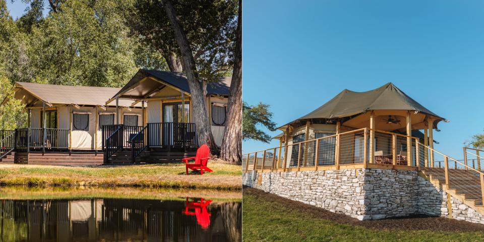 Outdoorsy Bayfield's luxury tents (left) and Outdoorsy Hill Country (right).