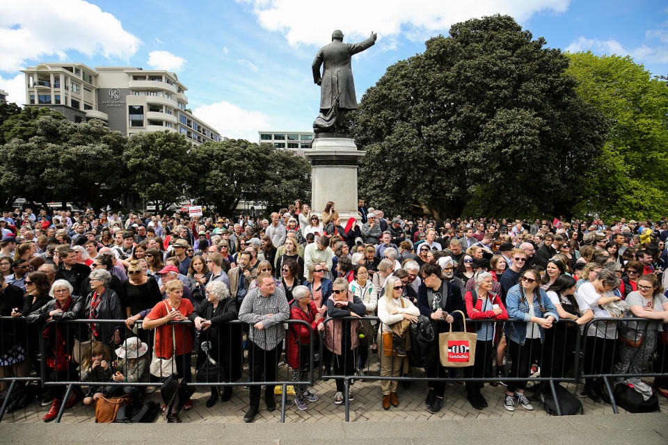 A crowd awaits the arrival of Prime Minister Jacinda Ardern at Parliament House in Wellington on Oct. 26, 2017.